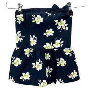 Hollister Peplum Strapless Tube Top size XS Navy Blue Floral Print Bow Smocked